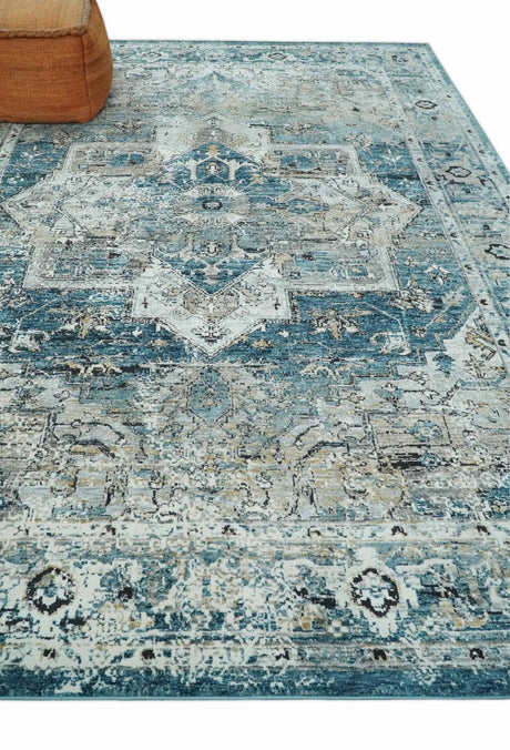 Blue And Beige Traditional Heriz Art Silk Area Rug