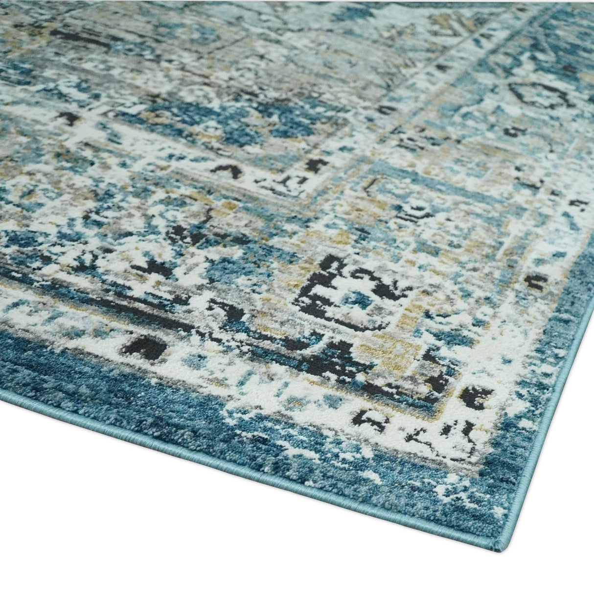 Blue And Beige Traditional Heriz Art Silk Area Rug