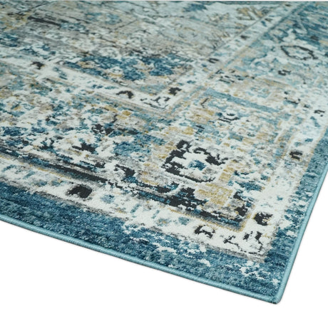 Blue And Beige Traditional Heriz Art Silk Area Rug
