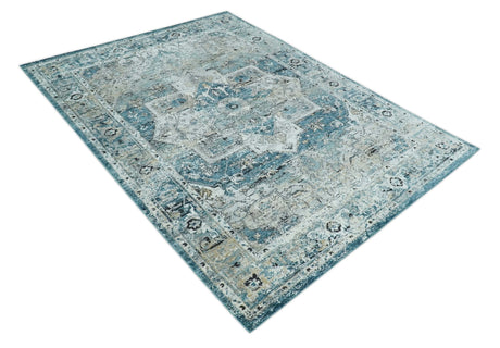 Blue And Beige Traditional Heriz Art Silk Area Rug