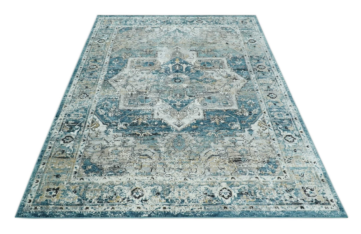 Blue And Beige Traditional Heriz Art Silk Area Rug