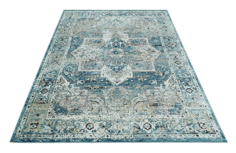 Blue And Beige Traditional Heriz Art Silk Area Rug