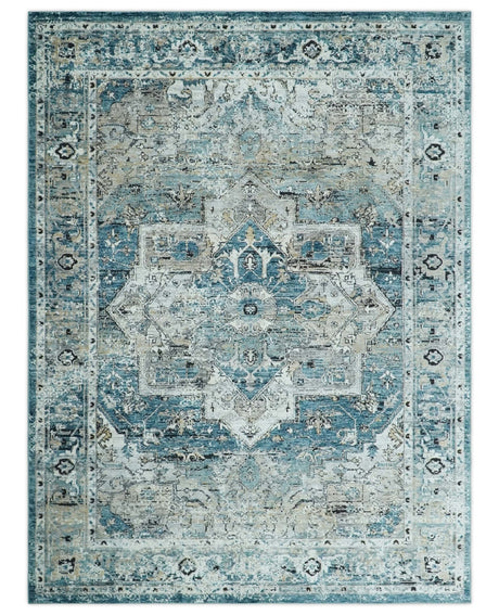 Blue And Beige Traditional Heriz Art Silk Area Rug