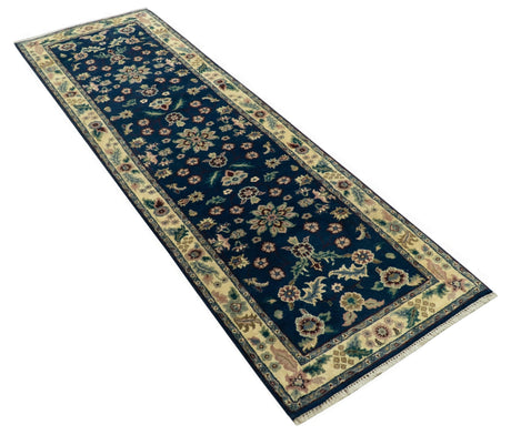 Blue And Beige Traditional Oriental Design Hand Knotted 2.5x8 wool area rug