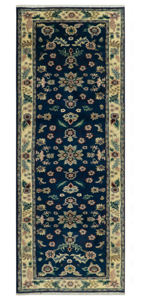 Blue And Beige Traditional Oriental Design Hand Knotted 2.5x8 wool area rug