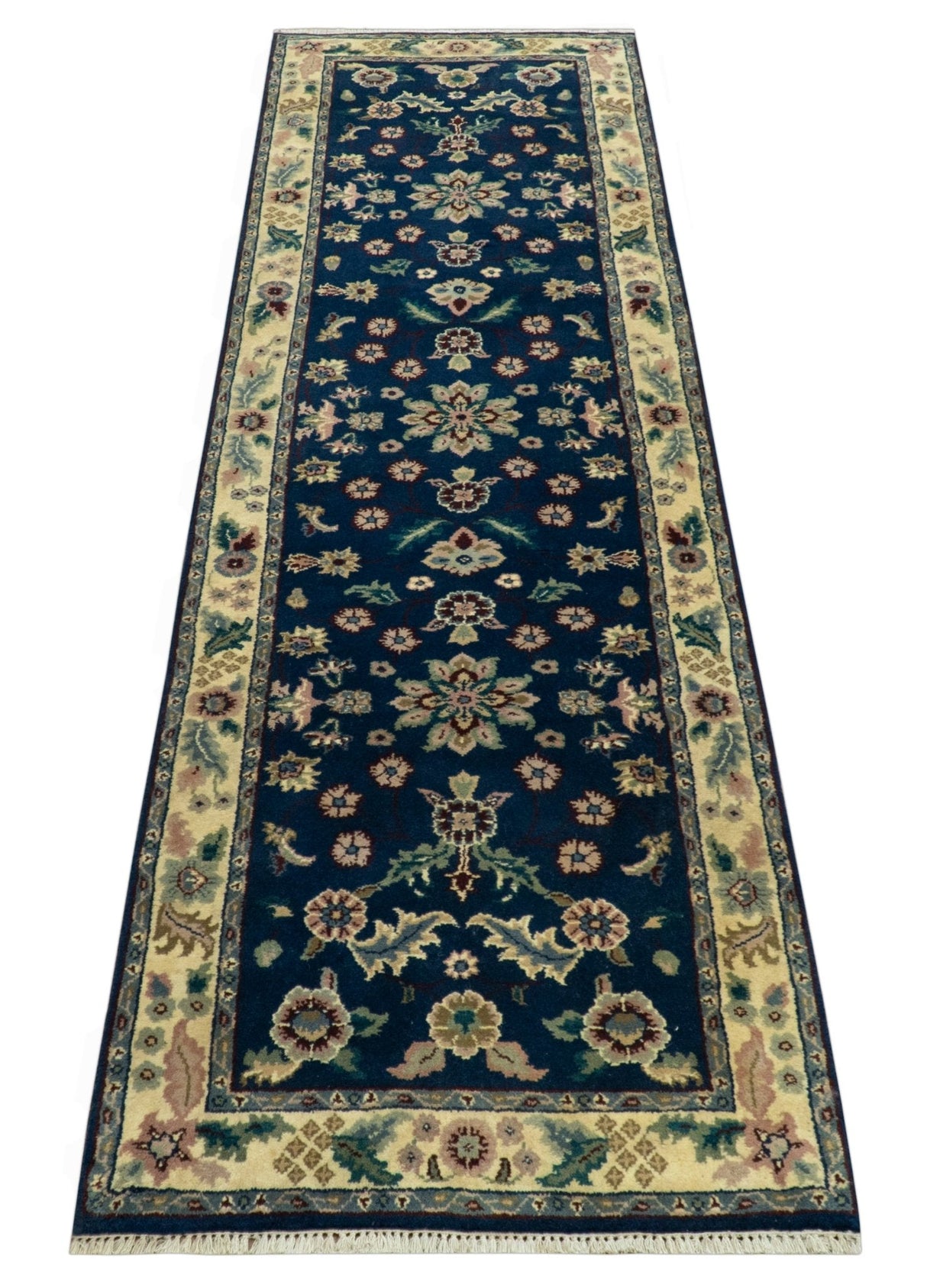 Blue And Beige Traditional Oriental Design Hand Knotted 2.5x8 wool area rug