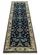 Blue And Beige Traditional Oriental Design Hand Knotted 2.5x8 wool area rug