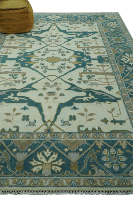Blue And Beige Traditional Oushak Hand Knotted Custom Made wool rug