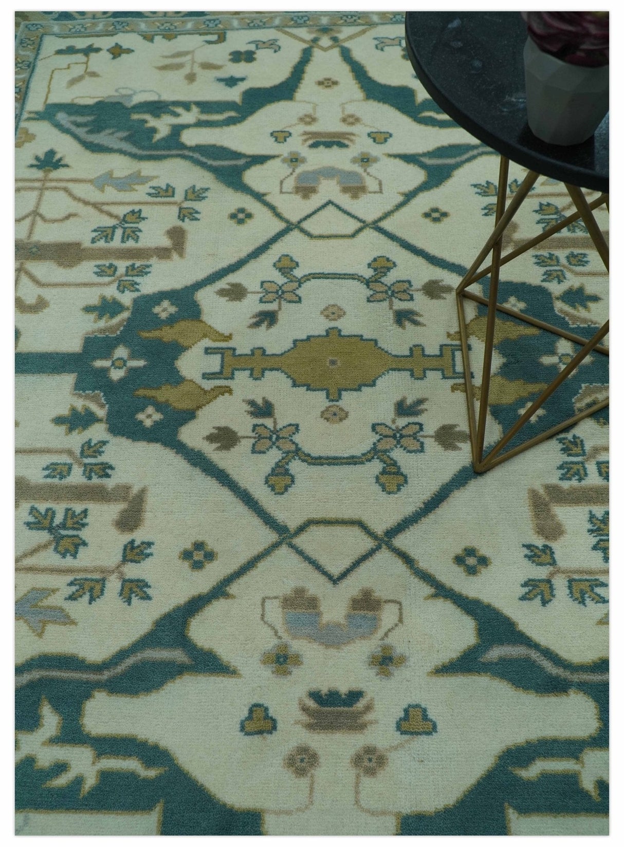 Blue And Beige Traditional Oushak Hand Knotted Custom Made wool rug
