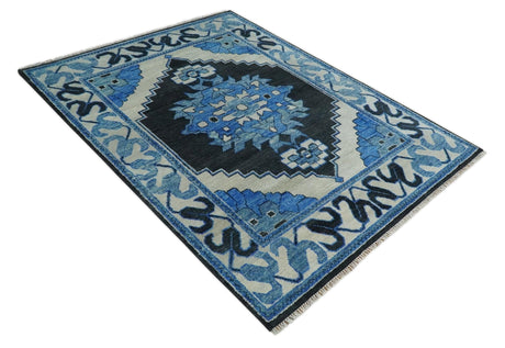 Blue and Black Hand Knotted Traditional Heriz Multi Size Wool Area Rug