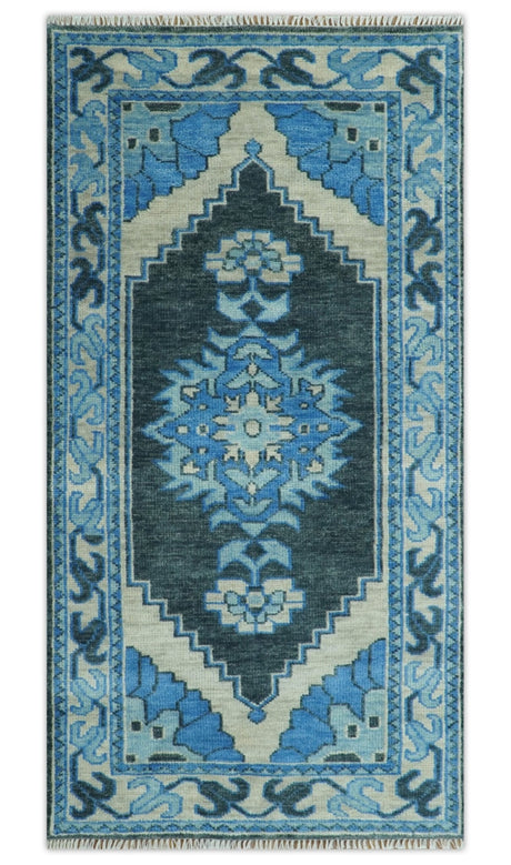 Blue and Black Hand Knotted Traditional Heriz Multi Size Wool Area Rug