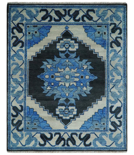 Blue and Black Hand Knotted Traditional Heriz Multi Size Wool Area Rug