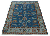 Blue And Brown Hand Knotted Floral Oushak Wool Area Rug