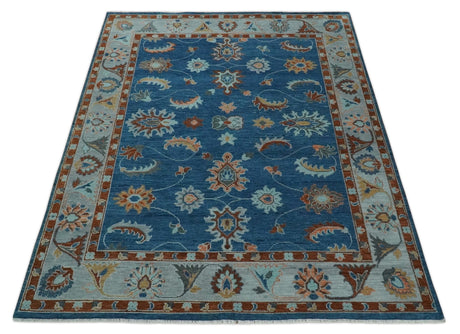 Blue And Brown Hand Knotted Floral Oushak Wool Area Rug
