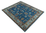 Blue And Brown Hand Knotted Floral Oushak Wool Area Rug
