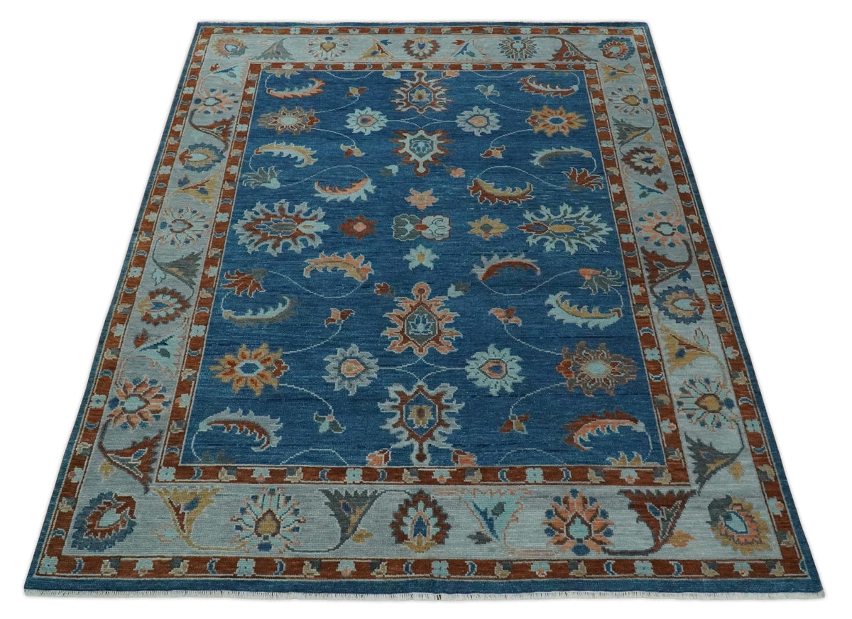 Blue And Brown Hand Knotted Floral Oushak Wool Area Rug