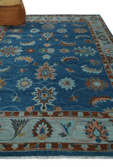 Blue And Brown Hand Knotted Floral Oushak Wool Area Rug