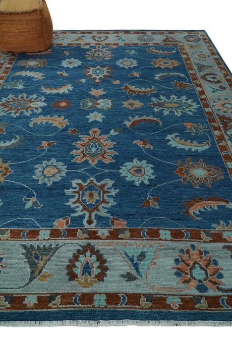 Blue And Brown Hand Knotted Floral Oushak Wool Area Rug