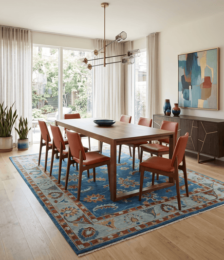 Blue And Brown Hand Knotted Floral Oushak Wool Area Rug