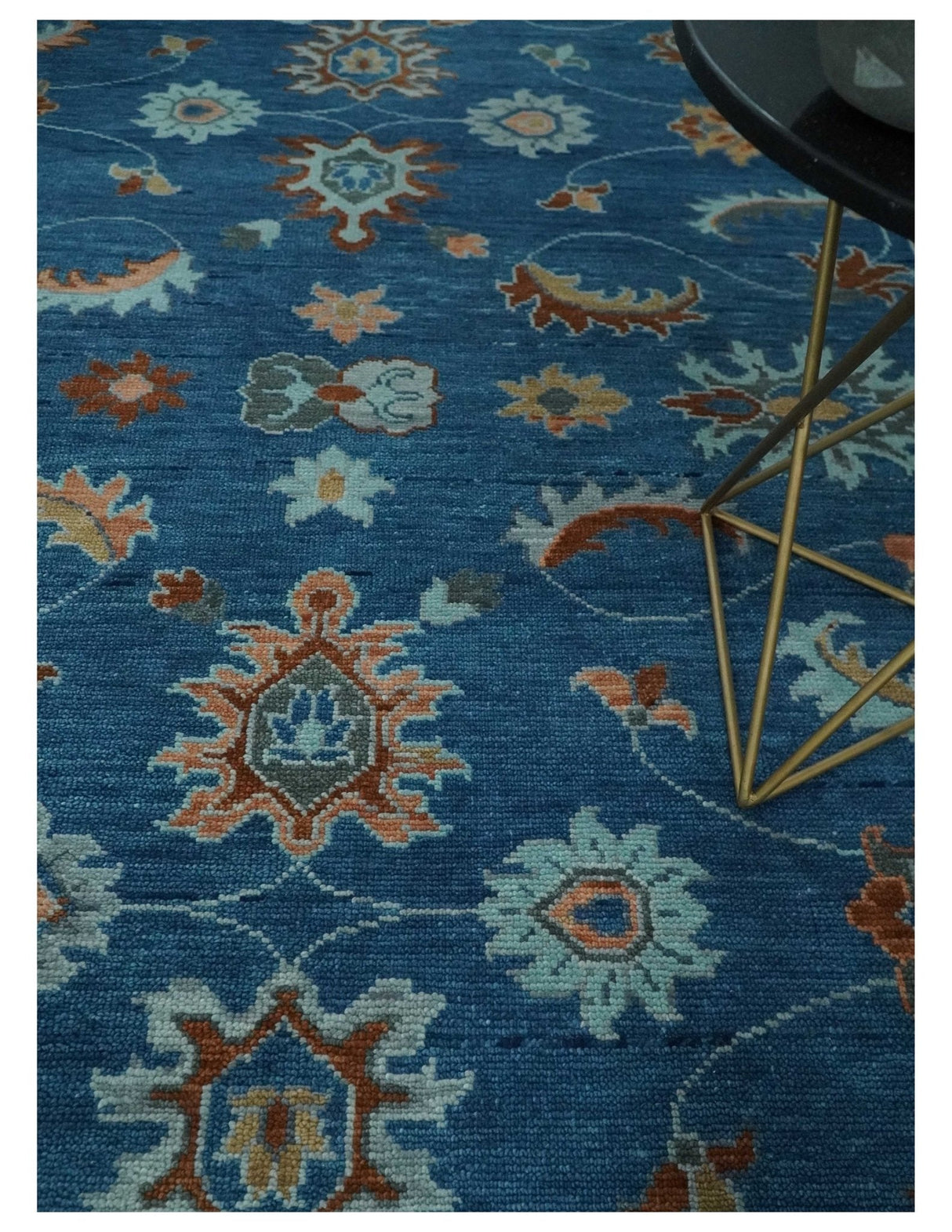 Blue And Brown Hand Knotted Floral Oushak Wool Area Rug