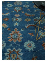 Blue And Brown Hand Knotted Floral Oushak Wool Area Rug