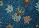 Blue And Brown Hand Knotted Floral Oushak Wool Area Rug