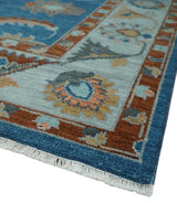Blue And Brown Hand Knotted Floral Oushak Wool Area Rug