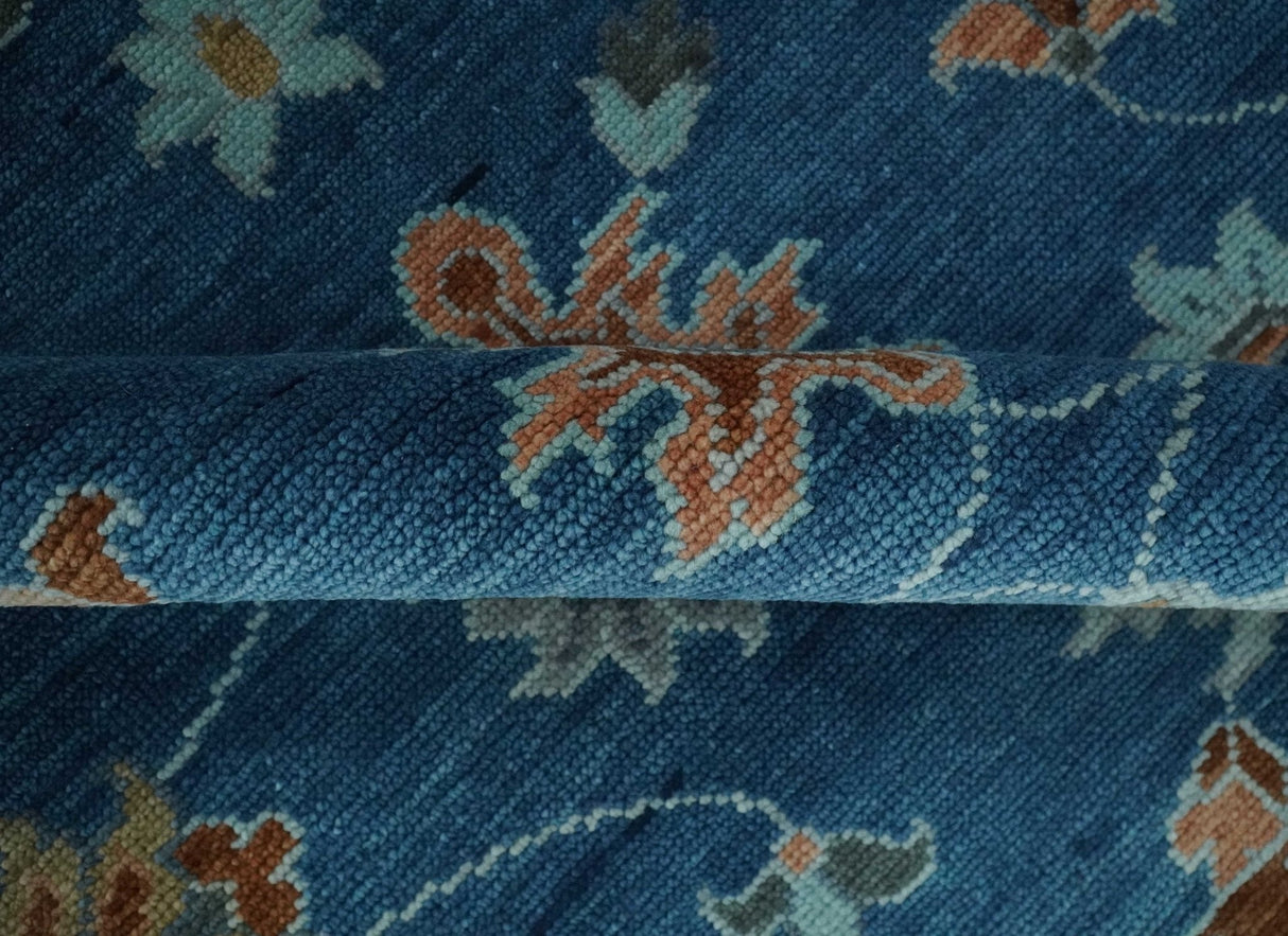 Blue And Brown Hand Knotted Floral Oushak Wool Area Rug