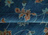 Blue And Brown Hand Knotted Floral Oushak Wool Area Rug