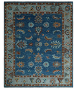 Blue And Brown Hand Knotted Floral Oushak Wool Area Rug