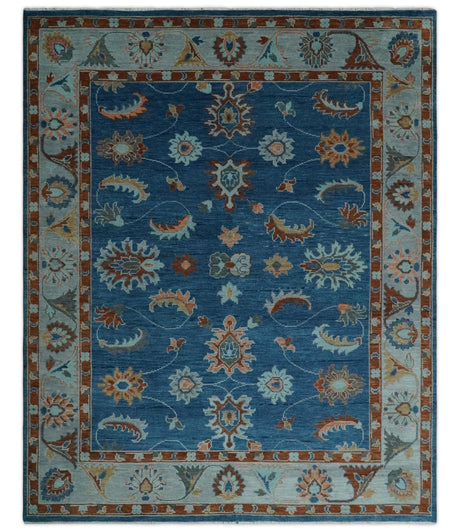 Blue And Brown Hand Knotted Floral Oushak Wool Area Rug