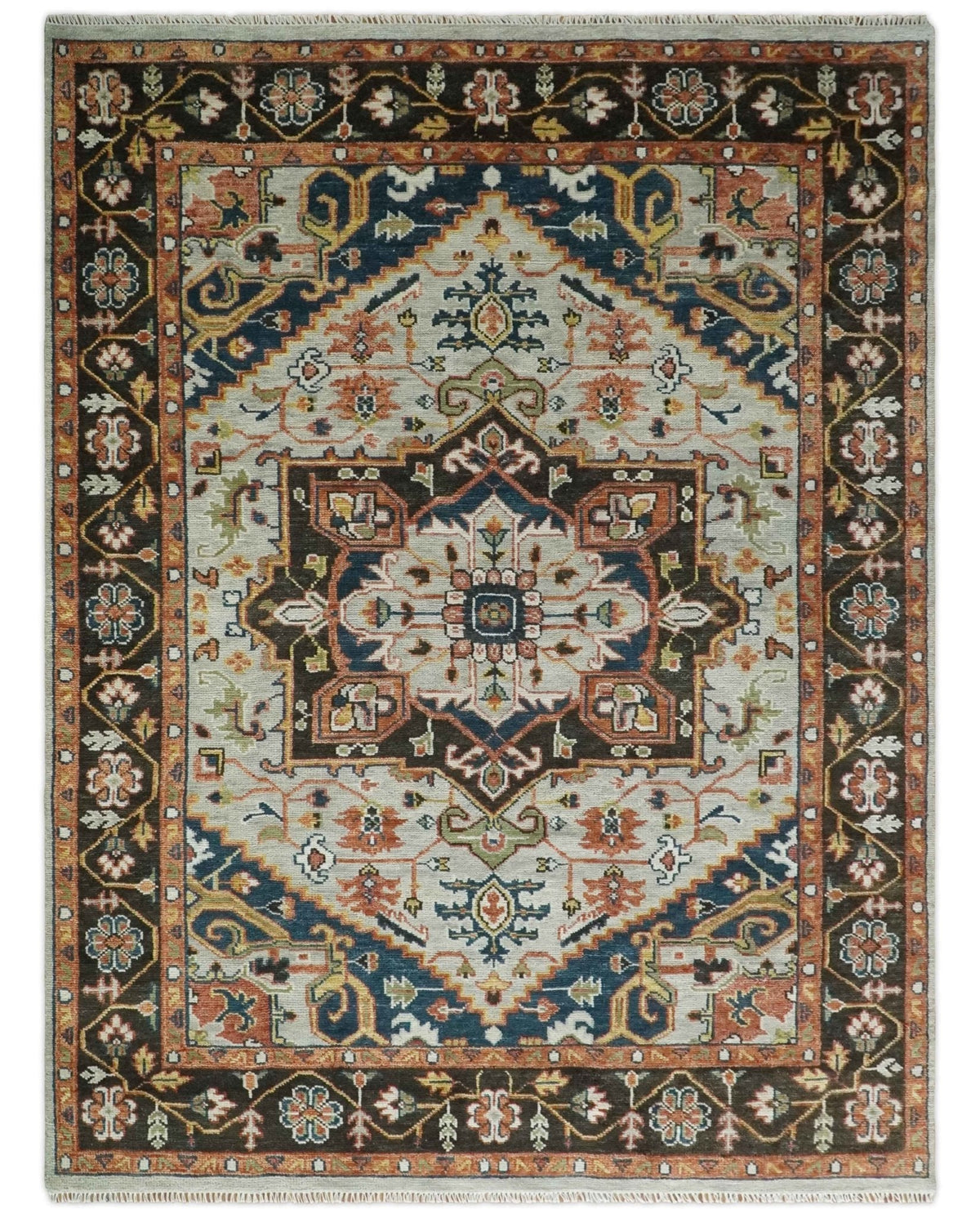 Blue and Brown Traditional Antique look Heriz Serapi Hand Knotted Custom Made wool Area Rug