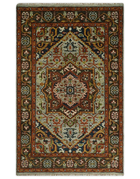Blue and Brown Traditional Antique look Heriz Serapi Hand Knotted Custom Made wool Area Rug