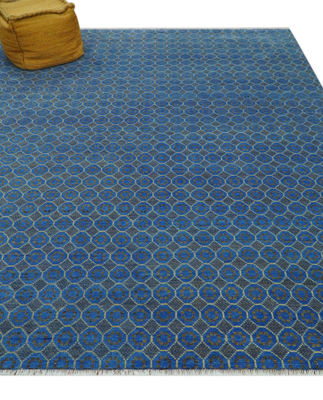Blue and Charcoal geometrical honey comb design Hand knotted Wool Area Rug