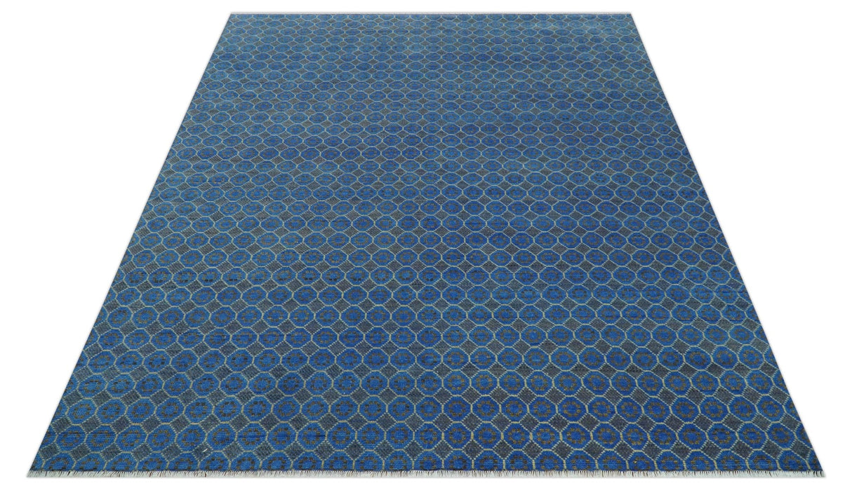 Blue and Charcoal geometrical honey comb design Hand knotted Wool Area Rug