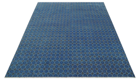 Blue and Charcoal geometrical honey comb design Hand knotted Wool Area Rug