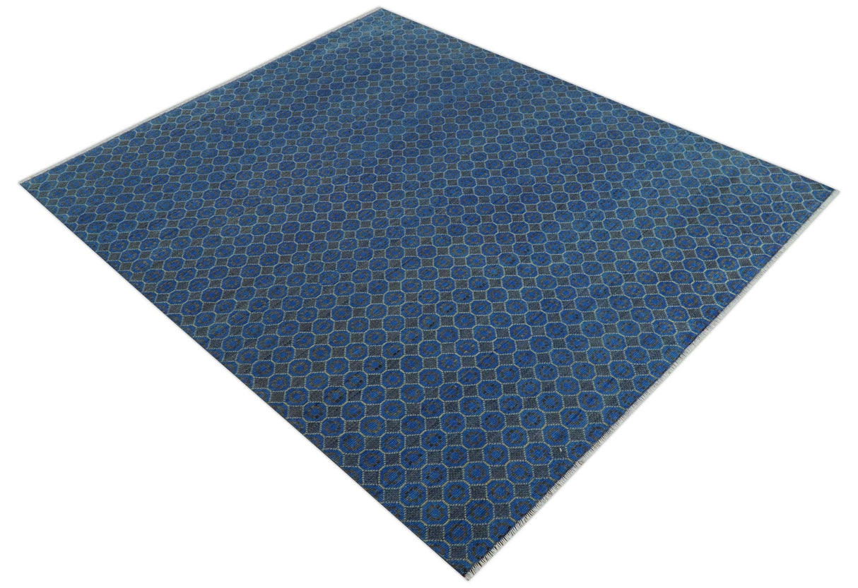 Blue and Charcoal geometrical honey comb design Hand knotted Wool Area Rug