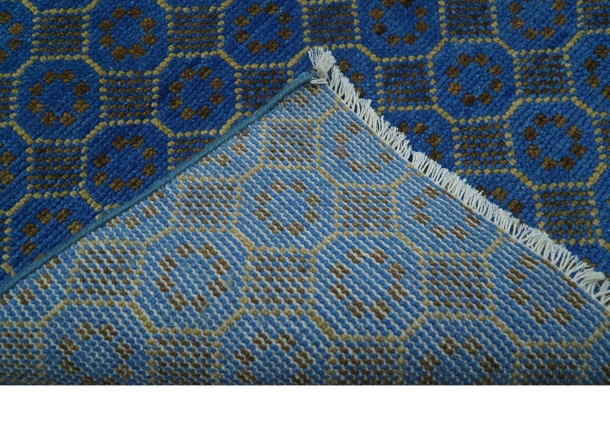 Blue and Charcoal geometrical honey comb design Hand knotted Wool Area Rug