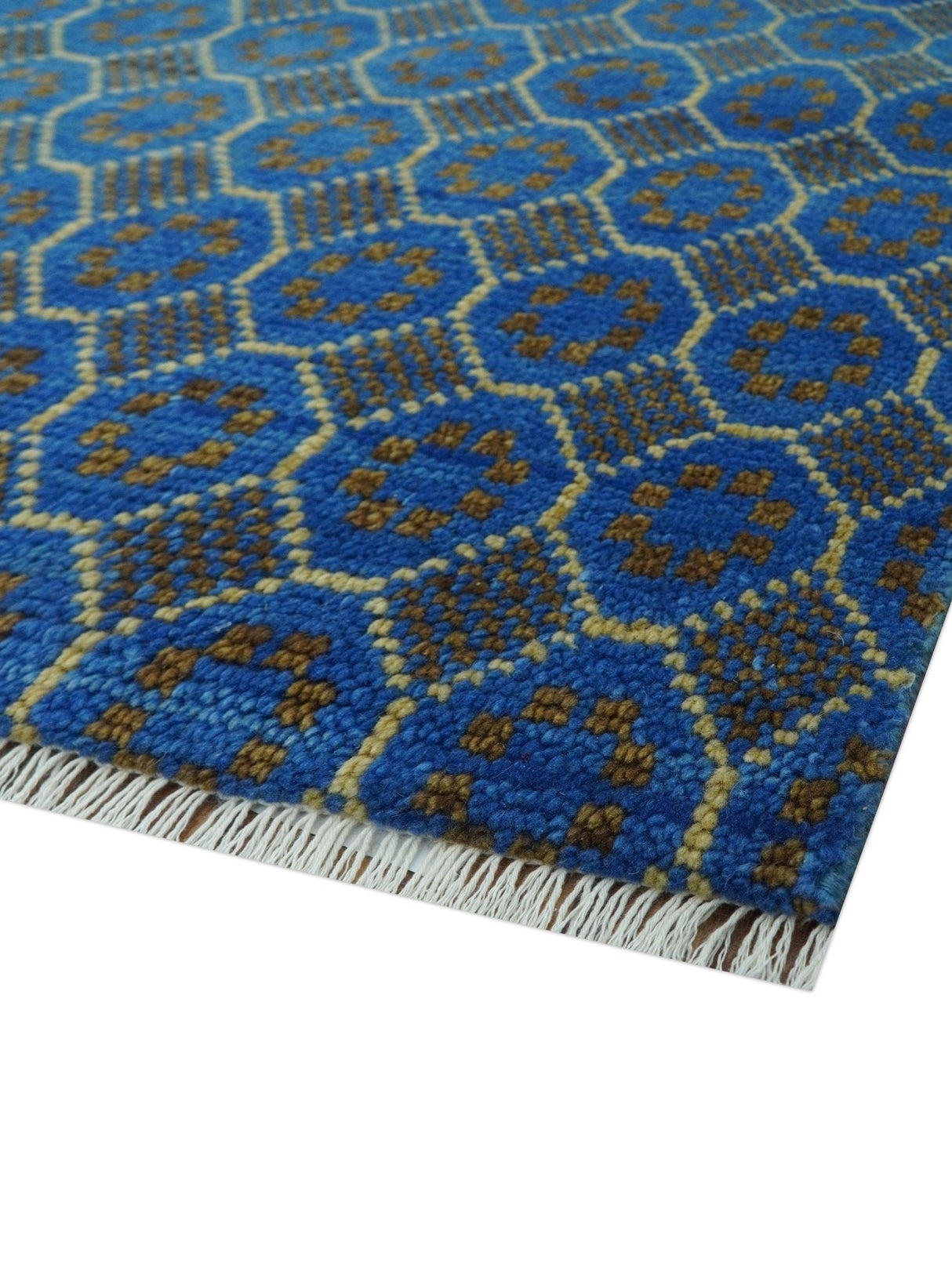 Blue and Charcoal geometrical honey comb design Hand knotted Wool Area Rug