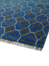 Blue and Charcoal geometrical honey comb design Hand knotted Wool Area Rug