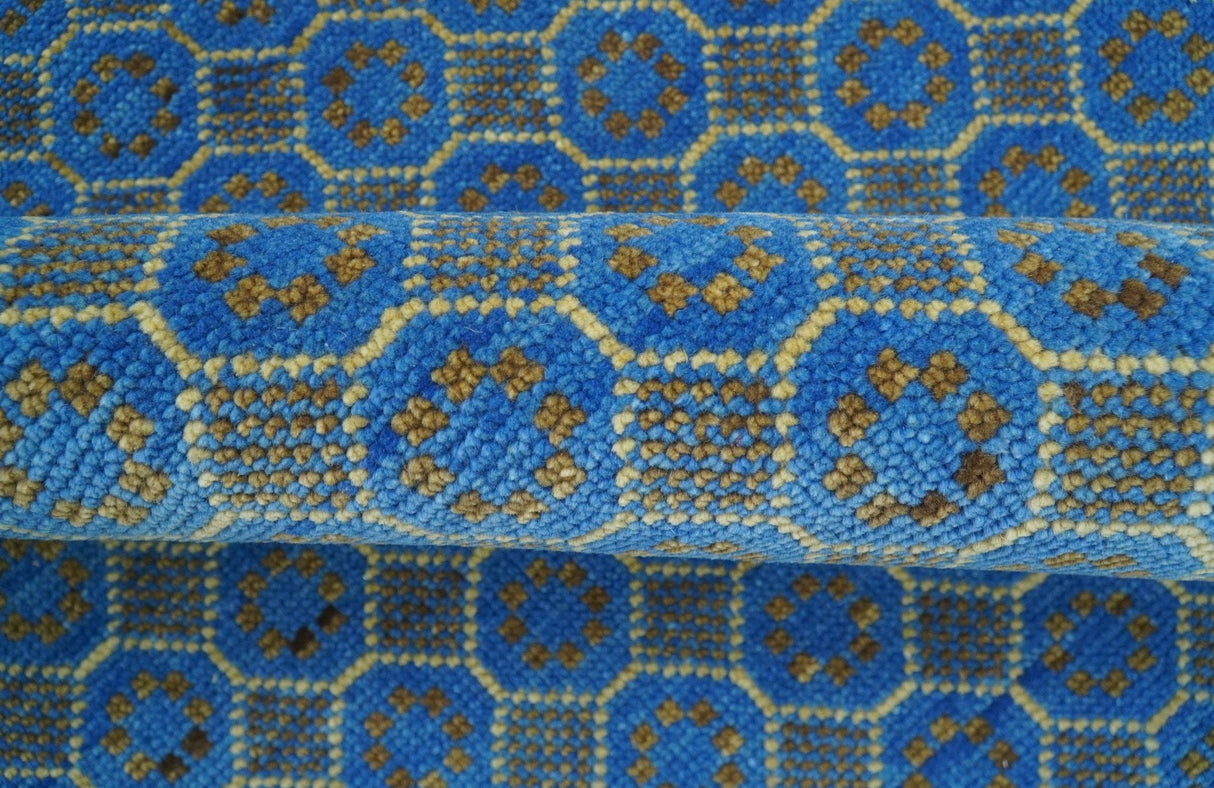 Blue and Charcoal geometrical honey comb design Hand knotted Wool Area Rug