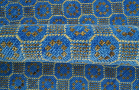 Blue and Charcoal geometrical honey comb design Hand knotted Wool Area Rug