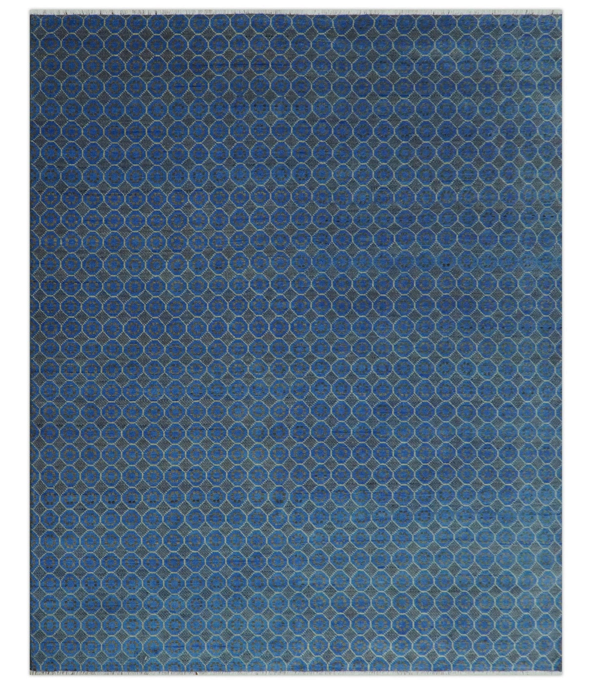 Blue and Charcoal geometrical honey comb design Hand knotted Wool Area Rug