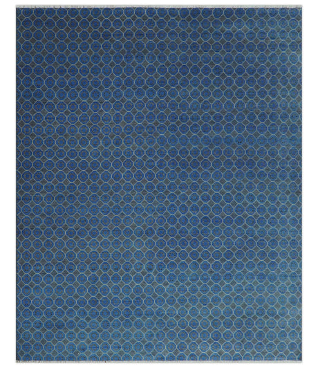 Blue and Charcoal geometrical honey comb design Hand knotted Wool Area Rug
