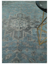 Blue and Gray Antique Finish Distressed Hand Knotted Traditional wool Area Rug