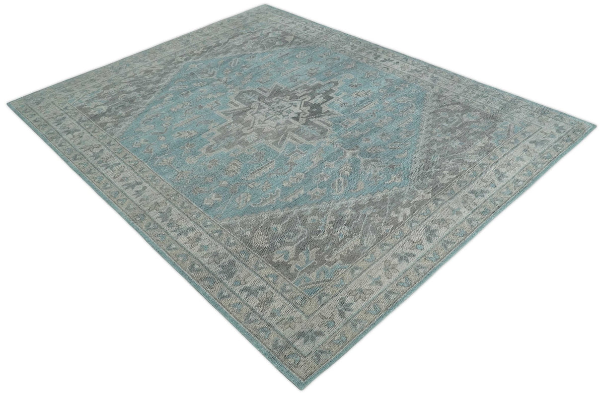 Blue and Gray Antique Finish Distressed Hand Knotted Traditional wool Area Rug