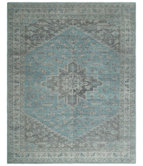 Blue and Gray Antique Finish Distressed Hand Knotted Traditional wool Area Rug