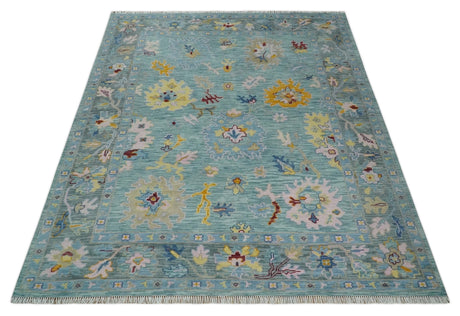 Blue and Gray Vibrant colorful Hand knotted Oushak Wool Area Rug