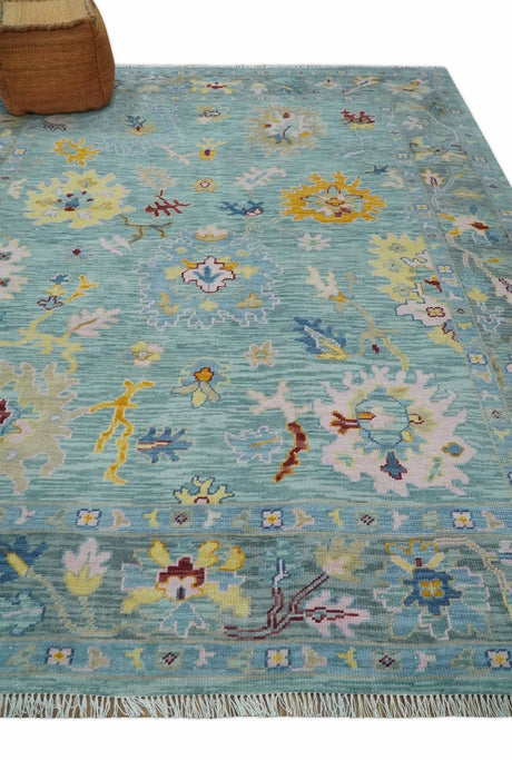 Blue and Gray Vibrant colorful Hand knotted Oushak Wool Area Rug