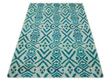 Blue and Ivory 5.6x8 Traditional Ikat design Hand Knotted wool area rug